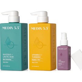 Medix 5.5 Set De 3Pc Para El Cuidado De La Piel Anti Envejecimiento Crema Corporal Con Vitamina C + Gel Exfoliante Aha Espuma De Ácido Glicólico Lavado Facial Y Corporal + Suero Refue