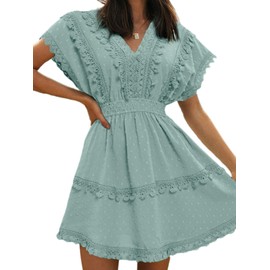 Vintagton Women's Summer Lace V Neck A Line Mini Sundress Casual Boho Swiss Dot Cap Sleeve Short Homecoming Dress(Sage Green XL)
