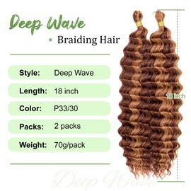 Eerya Long Curly Braiding Hair 18 Inch 2 Packs Deep Ocean Wave Crochet Hair for Black Women Deep Wave Braiding Hair for Boho Braids（18 inch, P33/30)