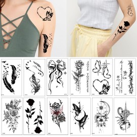 Qpout Black Temporary Tattoos for Children and Adults, Fake Tattoos for Men, Women, Girls and Boys, Temporary Tattoos with Feathers, Butterflies, Flowers, Tribal Totems