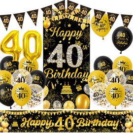 Xietaea Decorative 40th Birthday Man Woman - Black Gold 40th Birthday Decoration Banner Balloons and Bunting, Fabric Background XXL Numbers Balloons for 40th Birthday Party Decoration