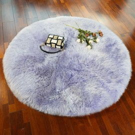 LLB Genuine Sheepskin Round Rug Plush Soft Throw Area Rug Fur Carpet Fluffy Shaggy Sheepskin Rug for Living Room Kids Bedroom Luxury Home Decor Lambskin Rug (Taro Purple, Round 48'')