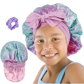SAYMRE Kids Bonnet for Girls, Silk Bonnets for Kids Boys, Double Layer Satin Bonnet Sleep Cap for Child Curly Hair(3-12Y) (Rainbow Cyan)