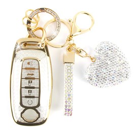 Simocky Compatible with Nissan Key Fob Cover with Heart Keychain, Car Key Shell for Women, Compatible with Nissan Rogue Pathfinder (2023 2024 2025) Sentra (2024 2025) Key Protector (5 Buttons-Gold)