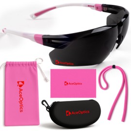 Aceoptics Safety Sunglasses for Men & Women - ANSI Z87 Certified Protective Eyewear w/ClearShield Anti-Fog, Adjustable - Includes Strap, Hard Case, Pouch & Cleaning Cloth - Pink & White/Tinted