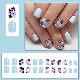 24 Pcs Press on Nails Short Square,YIHONGYUAN Blue Fake Nails Press ons French Nail Tip Acrylic Kit Glue on Nails Full Cover Short False Nails with Sweet Flower Glossy Design Stick on Nails for Woman