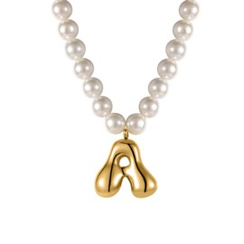 Bubble Initial Pearl Necklace Gold Freshwater Pearl Initial Necklace for Women Customized Women'S Name Pendant Big Letter Bubble Pendant Gold Bubble Letter Jewelry Mother'S Day Gift for Women, 18inchs