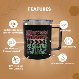 ROCKY LEAF Christmas Mugs Set of 2-12 Oz Double Wall Stainless Steel Insulated Holiday Coffee Mugs with Handle and Stronghold Lid- Ideal Gift for Coffee Lovers, Family and Friends