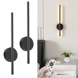 NIORSUN 15.7 Inch Battery Operated Wall Sconce Set of 2, Black Minimalism Rechargeable Wall Lights with Remote, 3CCT Dimmable Wireless Wall Lamp for Living Room Bedroom Hallway
