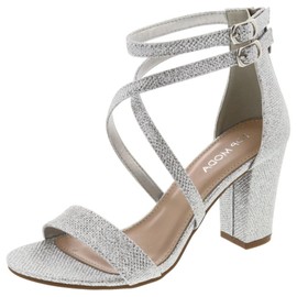 Over the Toe Strap Ankle Wrap Strap Heel Open Toe Block Heel Criss Cross Low, Silver 5.5