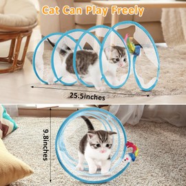 EggSun 2-Piece Spiral Cat Tubes for Indoor Cats, Large Collapsible Tunnel with Feather Mouse Interactive Toy (Yellow + Blue)