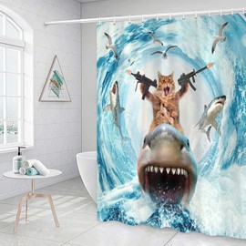 Grtuspr Cat Shower Curtains for Bathroom, Funny Brown Cat Riding Shark Blue Ocean Theme Shower Curtain Set for Men Boys, Cute Cute Cool Blue Bath Curtain Sets with Hooks for Kids Room Decor