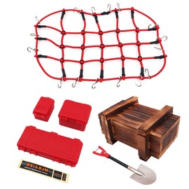 WANGCL 6 Pieces Remote Control Car Roof Rack Accessories with Luggage Net Mini Red Tool Box Wooden Box Shovel for 1/10 RC Car RC Crawler Monster Trucks Compatible with TRX4 SCX10/D90