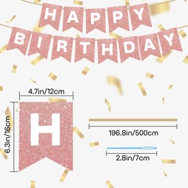 Rose Gold Glitter Happy Birthday Banner, Swallowtail Flag Happy Birthday Sign, Bunting Garland Bday Party Decorations & Decor for Kids Girls