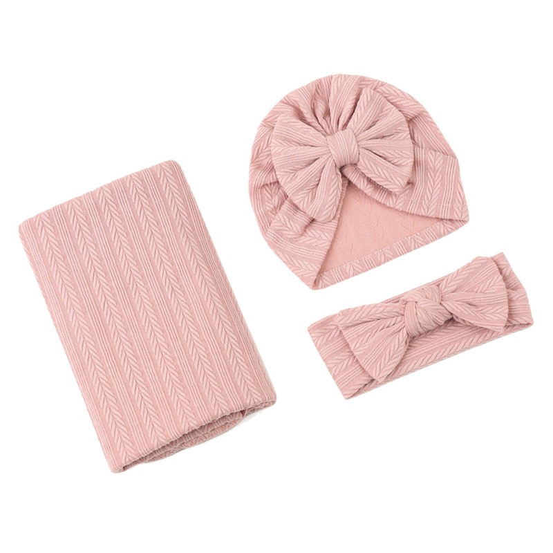 3pcs Receiving Blanket Headband Set Cotton Polyester Wheat Texture Pure