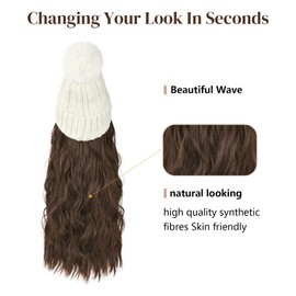 Flufymooz FLmaozi Beanie Wig, Hat Hair Extension Long Wavy White Hat Wig with Faux Fur Pom Hat, wig hat Attached 20 Inch Synthetic Hairpiece for Women Girls Winter（Medium Brown with Medium Auburn）