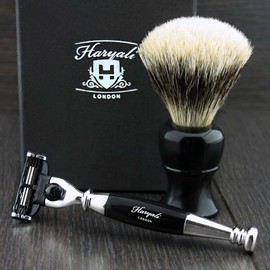 Haryali London 3 Edge Shaving Razor With Silver Tip Badger Hair Brush Perfect Shaving Kit For Mens Perfect Shave