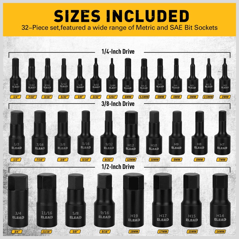 36-Piece One-Piece Hex Bit Socket Set includes Socket Adapter, 1/4",