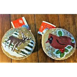 CHRISTMAS HOUSE 2 COUNTRY CHRISTMAS Ornaments Cardinal Christmas Deer PAINTED BURLAP 4X4" 2 PACK