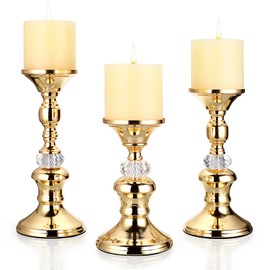 OwnMy Set of 3 Gold Metal Pillar Candlestick Holders Vintage Brass Pillar Candle Holders, Metal Crystal Pillar Candle Stands Elegant Candle Centerpiece for Dining Table Wedding Fireplace Candle Decor