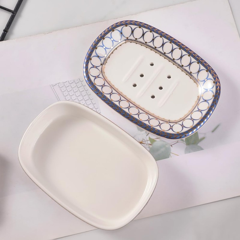 Self Draining Soap Dish, Double-Layer Bar Soap Tray, White Ceramic