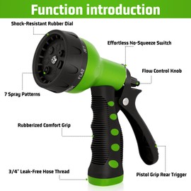 NEXCOVER Garden Hose Nozzle Sprayer - 7 Adjustable Watering Patterns Nozzle for Water Hose, Non-Slip Garden Spray Nozzle for Car Washing, Watering Plants, Pets Showering, Lawns Cleaning, Green
