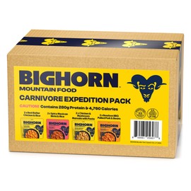 BIGHORN Mountain Food - Carnivore Expedition Pack - contains: 8 pouches | 16 servings | 280g Protein | 4,760 Calories – premium freeze dried meals for backpacking food - includes two each of: 2 x Bourbon BBQ Pulled Pork & Beans | 2 x Chicken & Mushroom Marsala with Pasta | 2 x The Best Butter Chicken & Rice | 2 x Spicy Mexican Birria & Rice