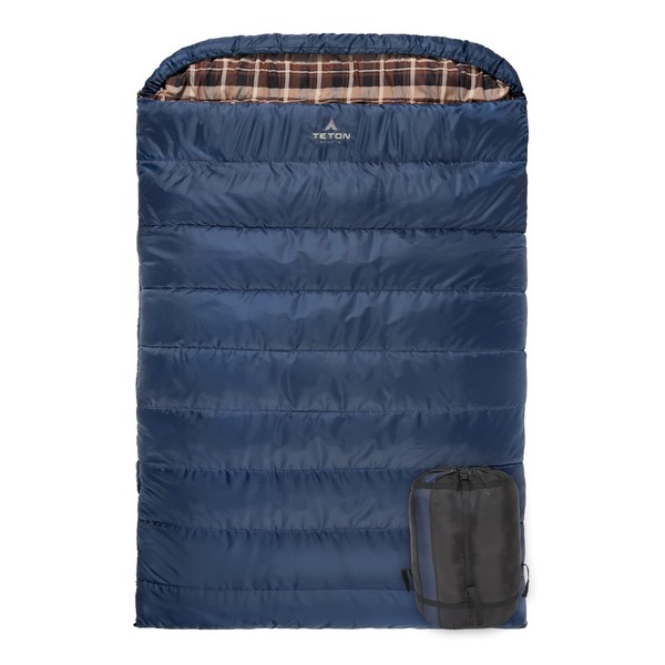 TETON Sports Celsius Mammoth Double Sleeping Bag - 0° & 20° degree options - Taffeta Queen-Sized Cold-Weather with Full-Length Zippers - 2-Person Camping Accessory for Car & Tent Campers, 20°F, Blue