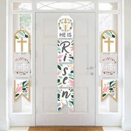 Big Dot of Happiness Easter Door Decorations - Religious Christian Holiday Vertical Paper Banner Set, 3 Hanging Banners with 10 Pieces, Indoor Spring Decor Kit with Satin Cord
