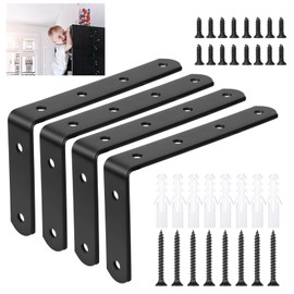 4pcs Furniture Anchors Kit for Baby Proofing, Metal Baby Furniture Anchor Corner Bracket Anti Tip Black Shelve Mounts Babyproof L-shaped Furniture Wall Secure for Dresser Bookshelf Cabinet