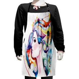 Ambesonne Art Apron, Grunge Inspired Young Woman with Rainbow Colored Hair Abstract Watercolor Art, Small Apron Bib with Adjustable Ties for Baking Painting, Small Size, Multicolor