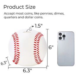 Tlence 6.3" Baseball Piggy Bank, Shatterproof Baseball Shape Coin Bank, White Sports Themed Money Box for Saving Money, Money Storage Container for Boys Girls Adults, Bedroom Decor