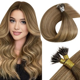 LaaVoo Nano Hair Extensions Real Human Hair Brown 22 Inch Nano Beads Hair Extensions Balayage Light Brown & Dark Blonde 50g 50s Invisible Micro Ring Straight Remy Hair #8/16/8