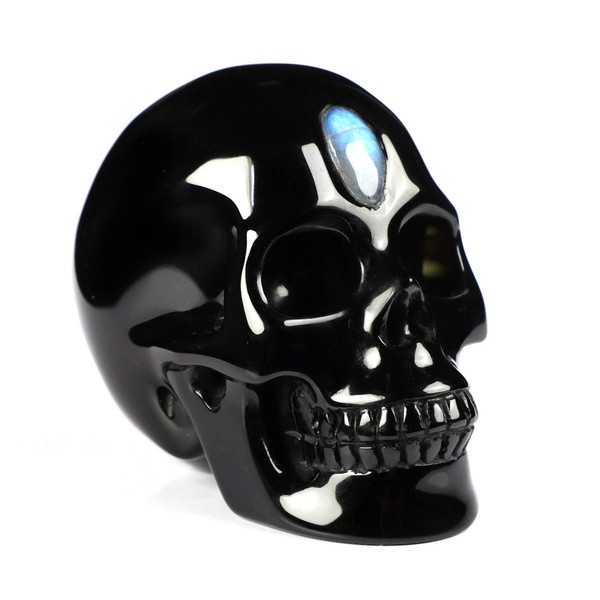 Skullis 3.0”Black Obsidian and Labradorite Eye of Heaven Crystal Skull, Hand Carved Gemstone Fine Art Sculpture, Reiki Healing Stone Statue.