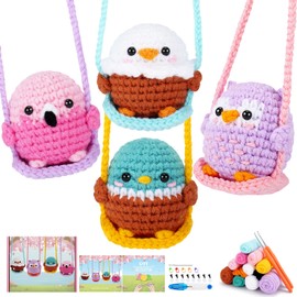 Crochet Kit for Beginners -4 PCS Bird Crochet Kit with Step-by-Step Video Tutorials, Beginner Crochet Kit for Adults and Kids, Crochet Birds On The Swings(Mallard Bald Eagle Flamingo Owl)