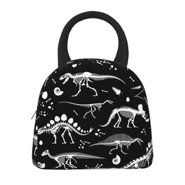 Bagea-Ka Black White Dinosaur Skeleton Pattern Lunch Bag Insulated Lunch Box for Women Girls Men with Pocket Large Capacity Waterproof Reusable Cooler for Work Children School Picnic Travel Beach