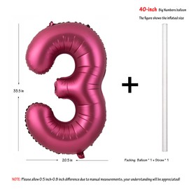 Number 3 Balloons 40 Inch Wine Red Burgundy Foil Helium Large Balloons for Birthday Party Anniversary Decorations（Digital 3）