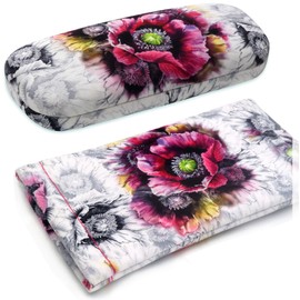 Women Eyeglass Case Holder with Large Sunglasses Squeeze top pouch - Combo set - Hard Shell Eyeglasses Case & Soft Sunglasses Case w/Drowstring Pouch & Cleaning Cloth (AS126 Poppy Combo)