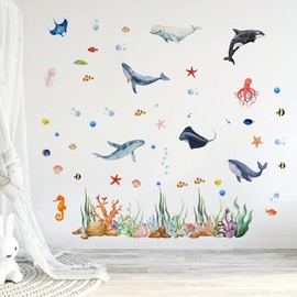 Ocean Wall Decals, Under The Sea Animals Wall Stickers, Waterproof Peel and Stick Removable Ocean, for Baby Nursery Boy Girls Room Bedroom Bathroom Playroom Classroom Decor. (Whale Wall Decal02)