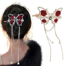 Rannyrena Gold Butterfly Hair Claw Clips with Pearl Tassel Red Rose Rhinestone Bows Heart Hair Clips Metal Nonslip Clamps Hair Accessories for Women (Red Rose Butterfly)