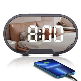 Gecheer Digitaler LED-Wecker, großes Display von 5,5 Zoll, Spiegeloberfläche, elektrische Wecker für Make-up mit Dimmmodus, einstellbare Alarmlautstärke, zwei USB-Anschlüsse