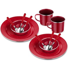 Nuogo 12 Pcs Enamel Camping Tableware Set Dinnerware Kit Includes 12 oz Coffee Mugs Camping Plates Bowls and Utensils Set with Knife Fork Spoon for 2 People Hiking Picnic Outdoor(Red)