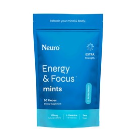 Neuro Energy Caffeine Mints (90 Pieces) - Sugar Free with L-theanine + Natural Caffeine + Vitamin B12 & B6 - Nootropic Energy & Focus Supplement for Women & Men - Extra Strength Peppermint Flavor