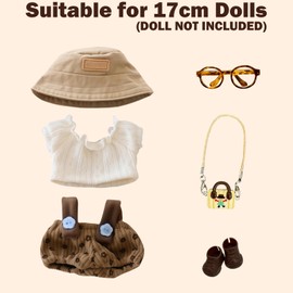 6 Pcs Dolls Clothes & Accessories for Labu, Includes Khaki Hat Glasses Top Bottle Shoes Pants for Girls Kids Birthday, Girl's Birthday Gift for 17cm Dolls