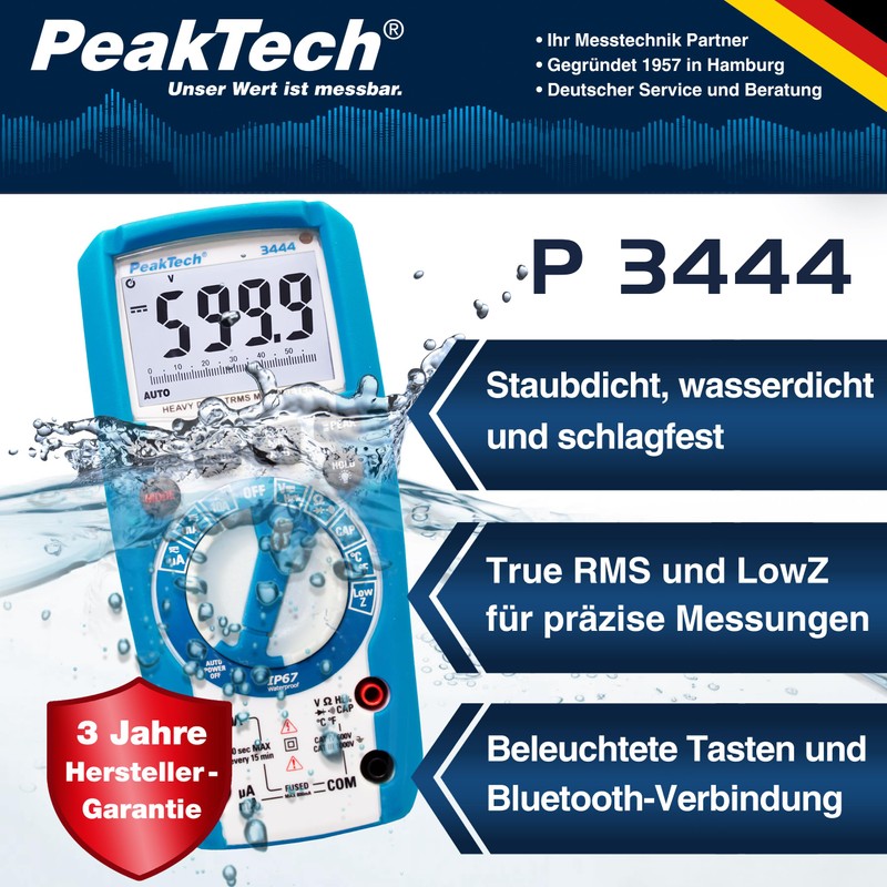 PeakTech 3443 Digital Multimeter with LED Lamp, Waterproof (IP67), 6000