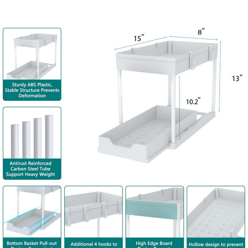 DEKAVA Cabinet, 2 Pack Under Sink Organizer, 2 Tier Sliding