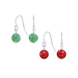 Set of Two Simple Plain Basic Round Bead Green Aventurine & Dyed Red Natural Coral Gemstone French Fish Hook Wire Ball Drop Earrings For Women.925 Sterling Silver