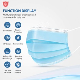 HDFK Face Mask Disposable Adults 3Ply Non-Woven with Nose Clip Ear Loop Blue 50Pack