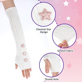 CIATBYYJ Knitting White Arm Warmers Anti-Slip, Long-Sleeve Gloves for Warmth in Winter, Fashionable Y2k Accessories with Pink Star, Fingerless Mittens with Outdoor Activities for Women Girl