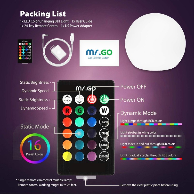 Mr.Go 14-inch LED Ball Light, Cordless Rechargeable Globe Lamp w/Remote,